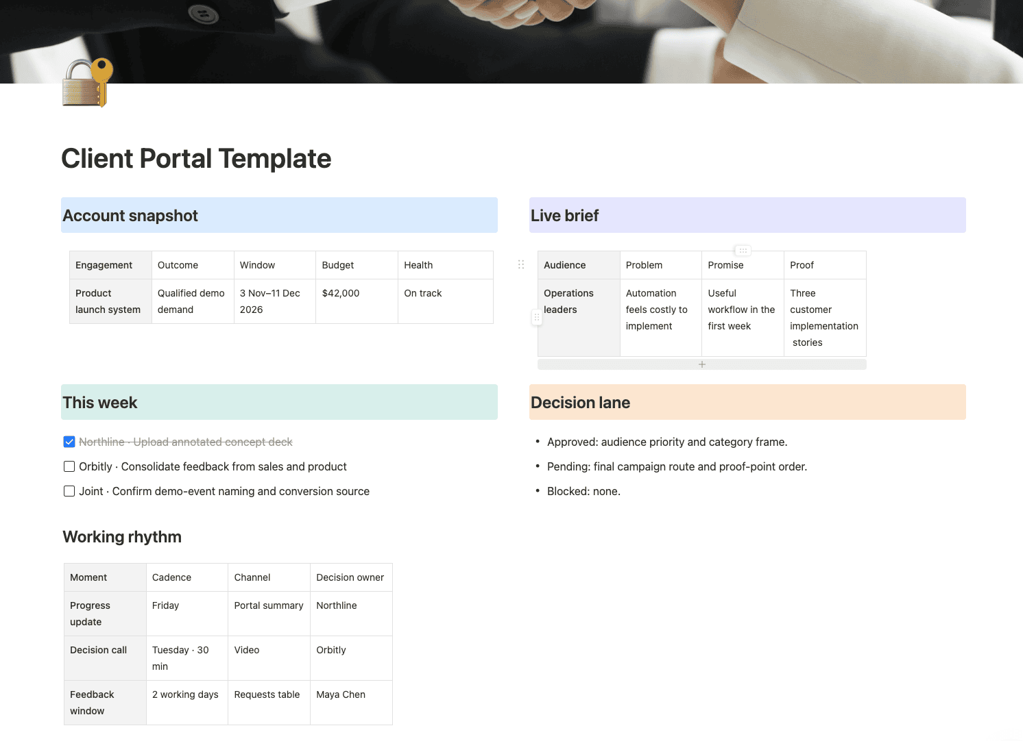 Client portal template with an account snapshot, live brief, weekly priorities and decision lane