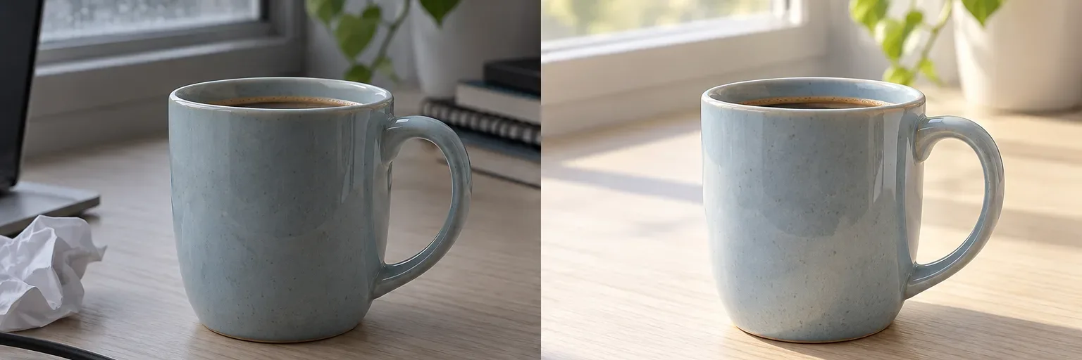 Illustration of a blue mug on a desk before and after removing a cable and paper.