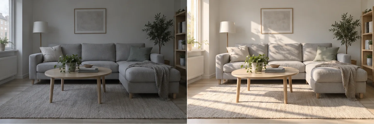 Illustration of a gray living room before and after adding warm window light.