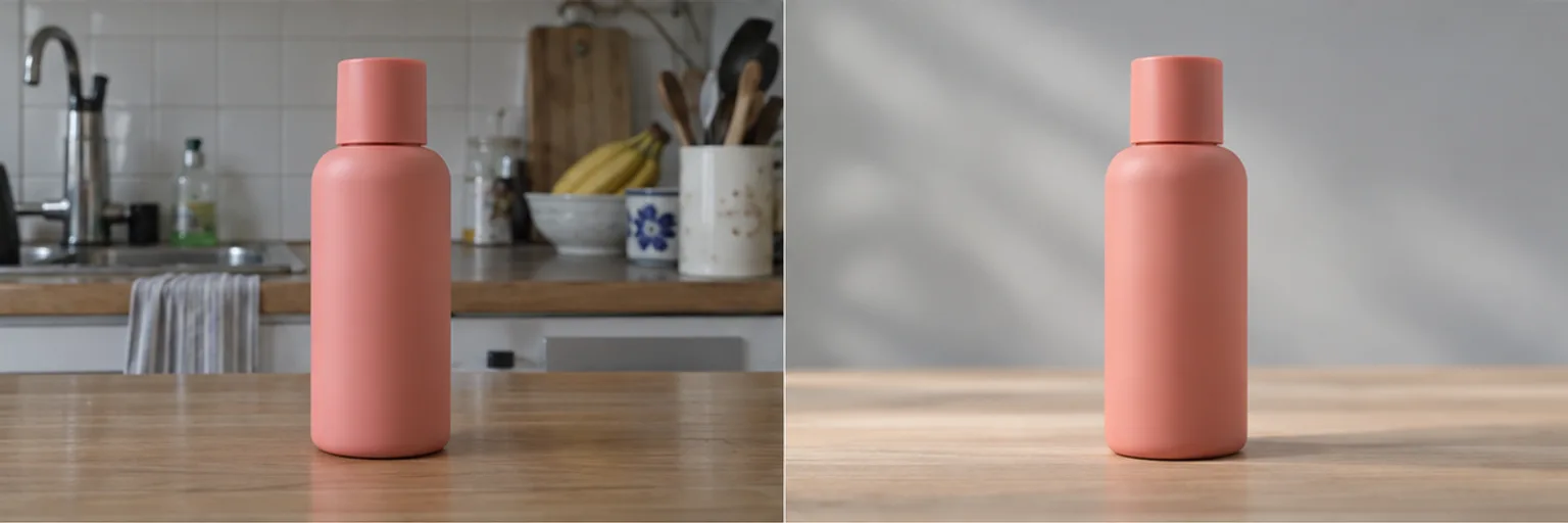Illustration of a coral bottle against a kitchen background and a gray studio background.