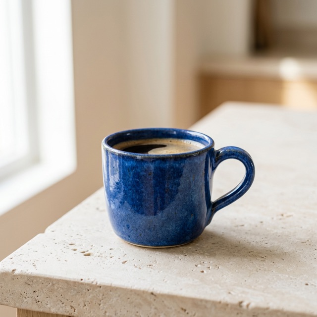 Photo générée par IA d’une tasse en céramique bleu cobalt sur un plan de travail en calcaire, à la lumière naturelle.