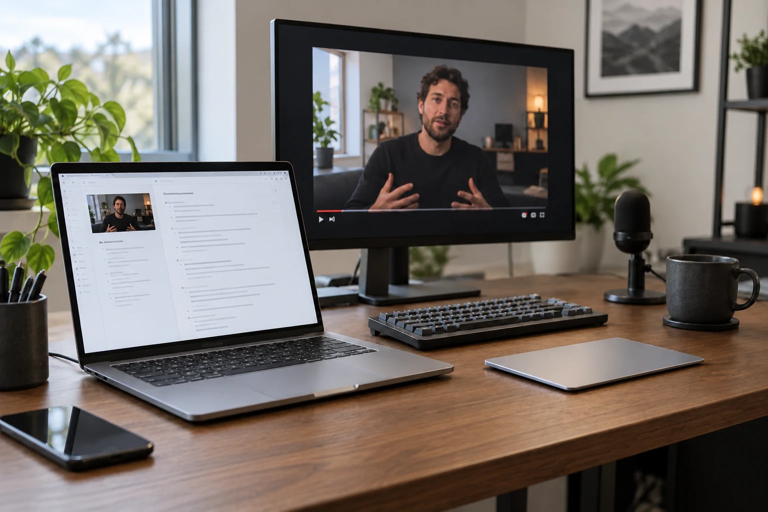 Un bureau en bois éclairé naturellement avec des notes vidéo sur un ordinateur portable, un tutoriel sur un écran, un microphone et un clavier.